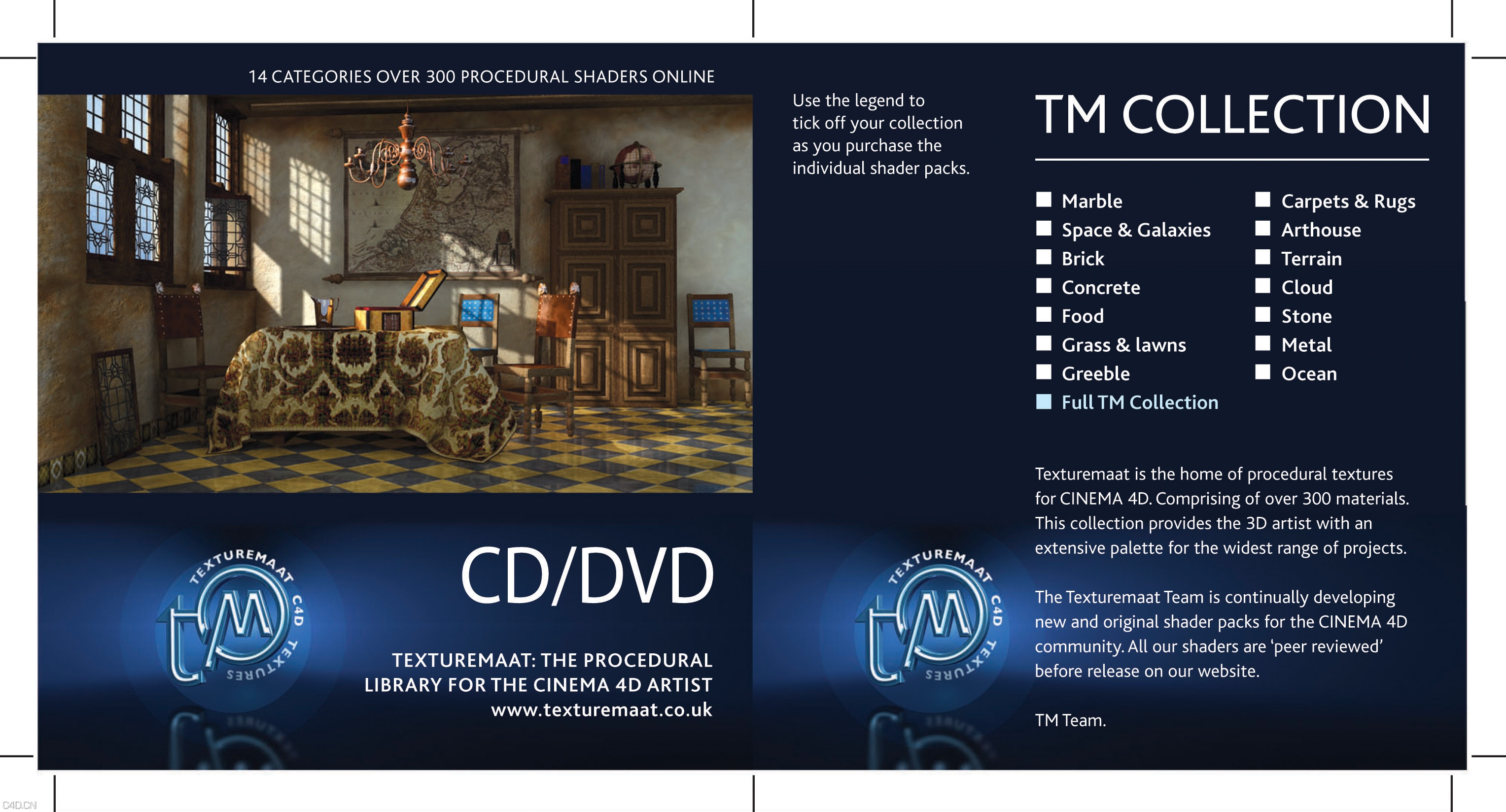 300个C4D室内建筑材质合集 TextureMaat - Procedural Textures Designed for C4D - C4D之家 - Texturemaat RGB Cover CD.jpg