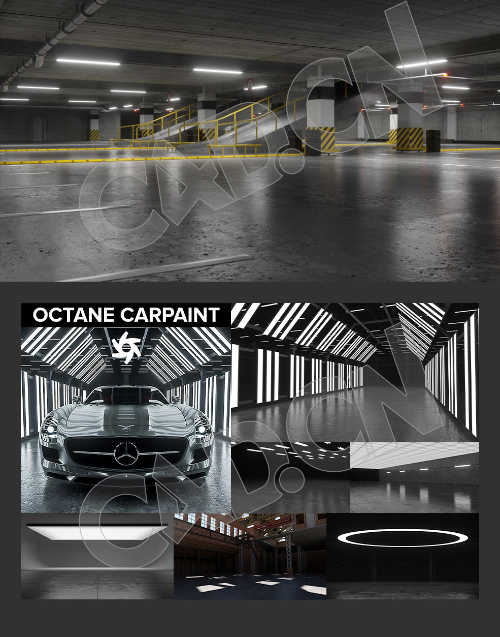15套C4D OCTANE汽车漆材质预设 7个oc汽车背景灯光场景工程