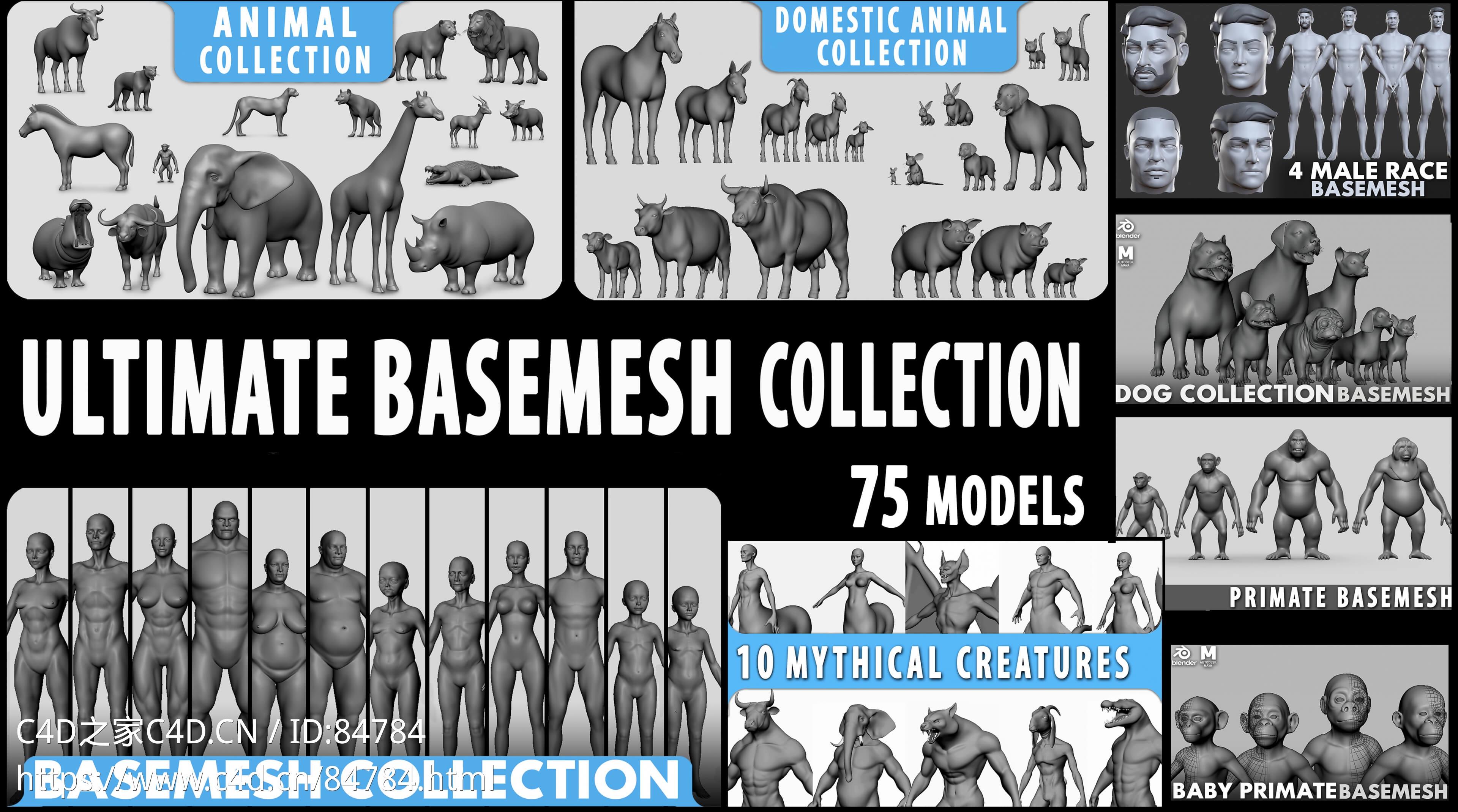 75个人类动物家畜灵长类怪物模型合集Ultimate Basemesh Collection - Topology UV Map 3D Model - C4D之家 - ultimate-basemesh-collection-topology-uv-map-1-01.jpg