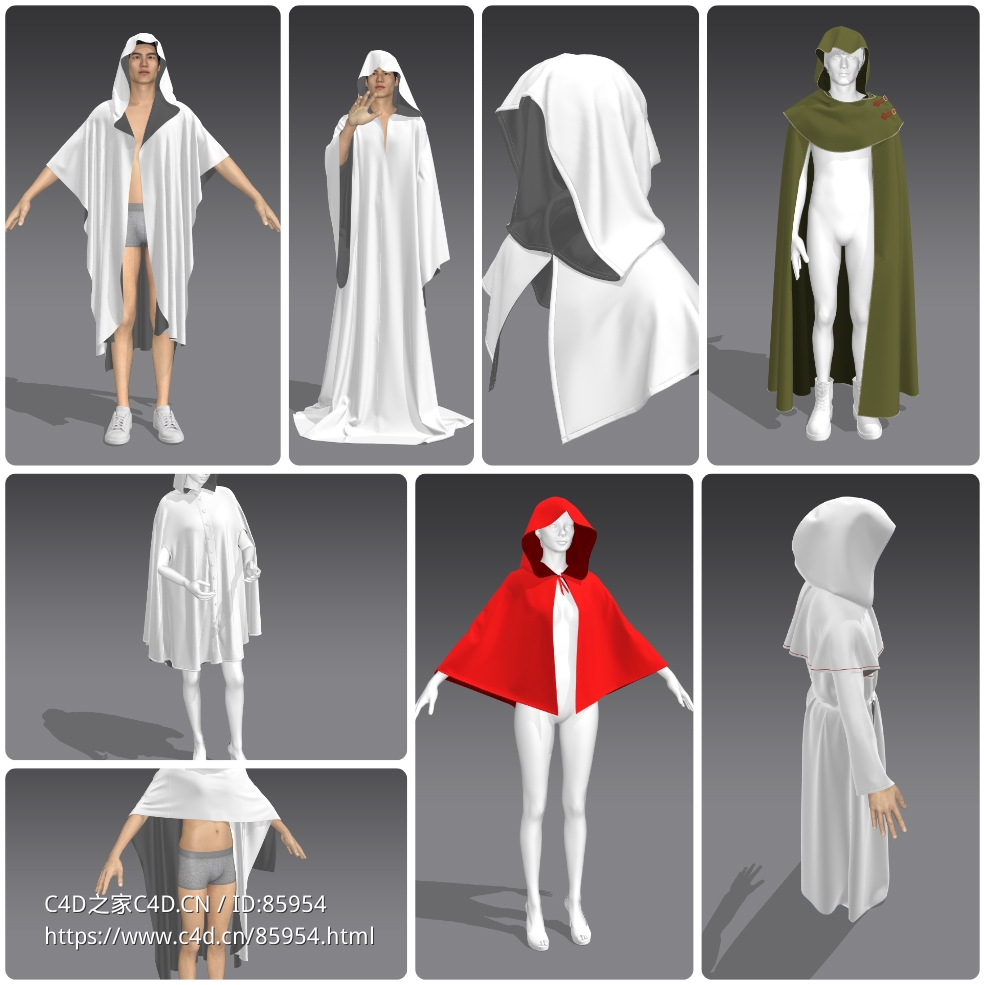 高品质游戏角色披风斗篷长袍带帽子服装3D模型合集-写实布料物理动画 - C4D之家 - 1.jpg