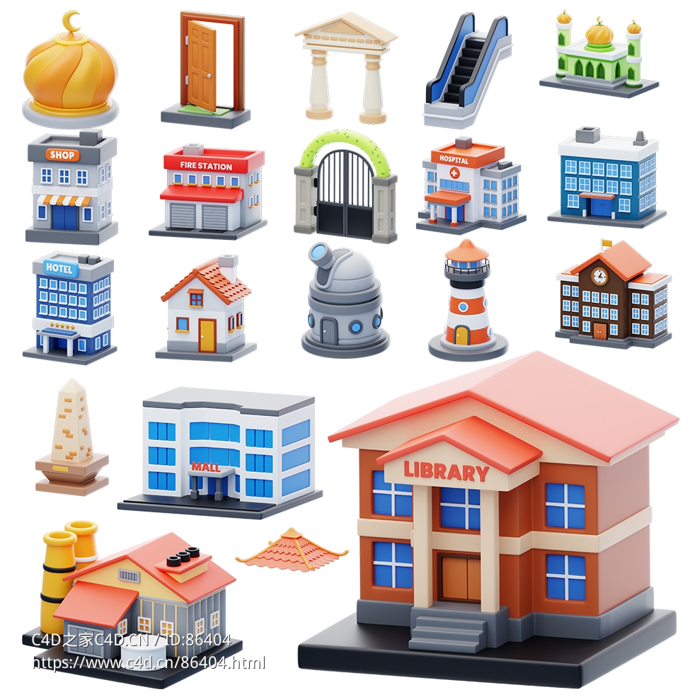 20套精美卡通城市街道3D建筑合集模型3D model of cartoon city street building - C4D之家 - 1.jpg