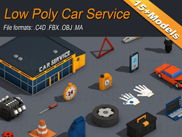 17个低多边形汽车修理设备C4D模型 Low Poly Car Service Engine Repair Isometric