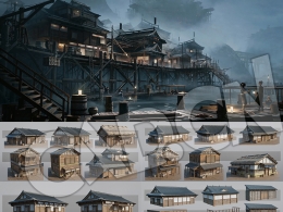 复古中式日式实木结构房屋建筑道具元素c4d/blend模型下载Japanese Village Kitbash